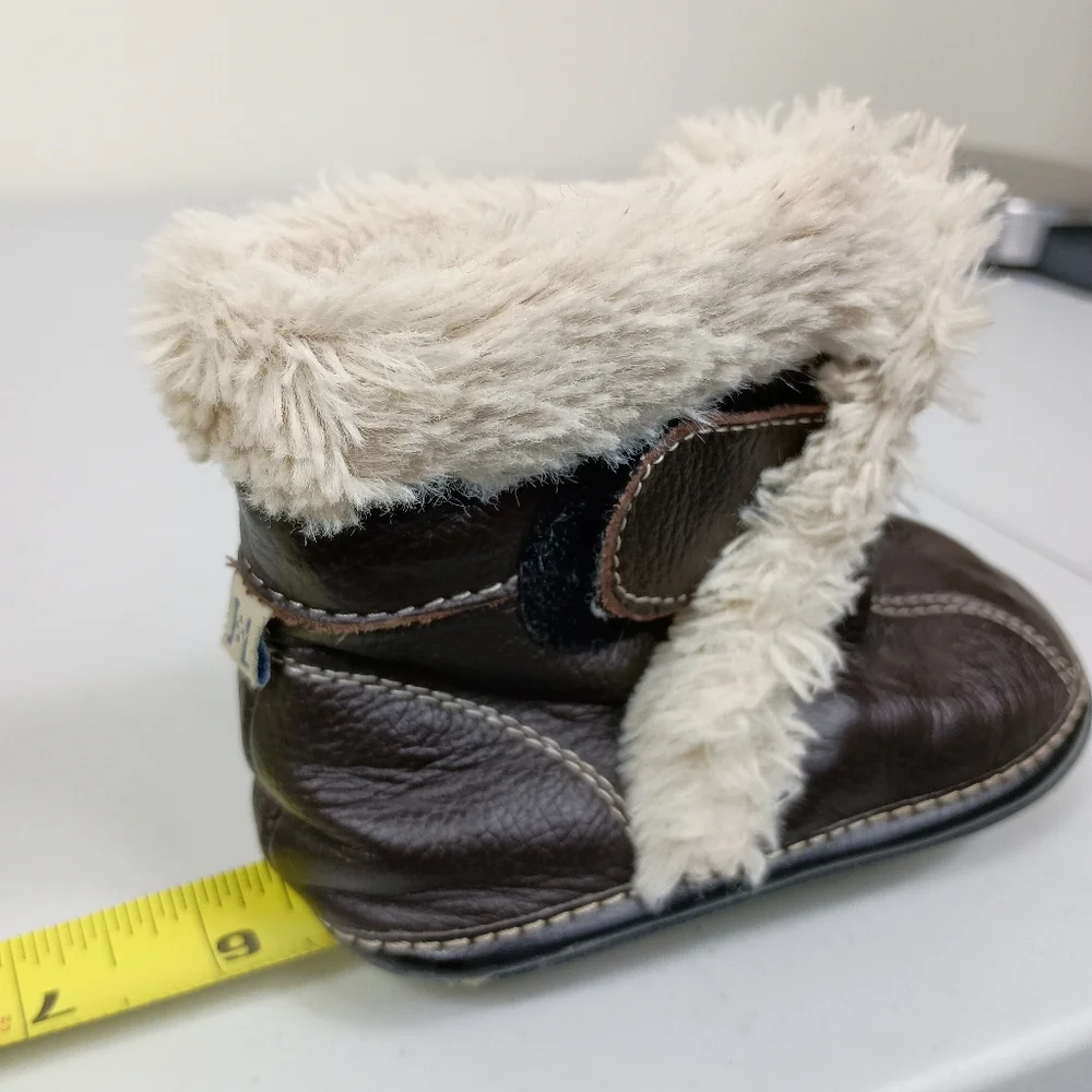 Jack Lilly Leather Moccasin Boots 18-24M Brown Sherpa Slip On Hook Loop Closure